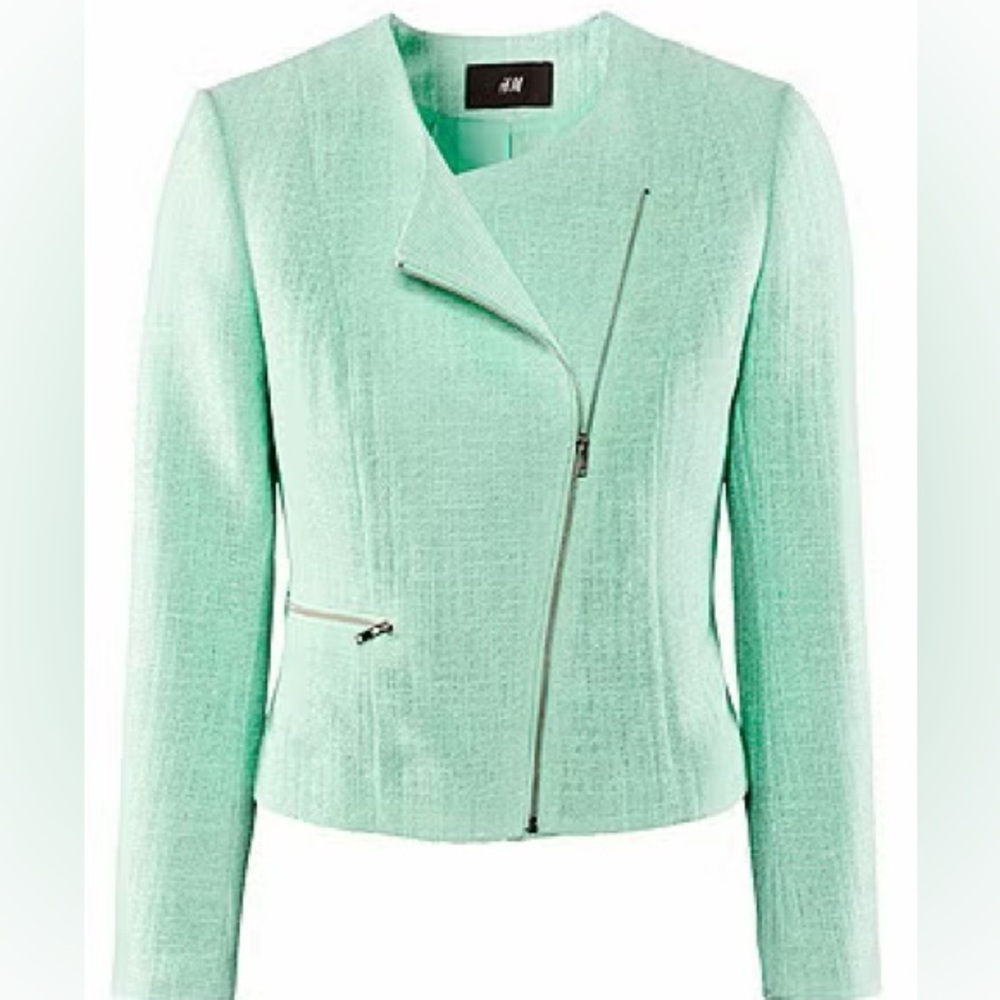 H&M Pastel Mint Green Silver Textured Zip-Front Women's Tweed Moto Jacket Size 8